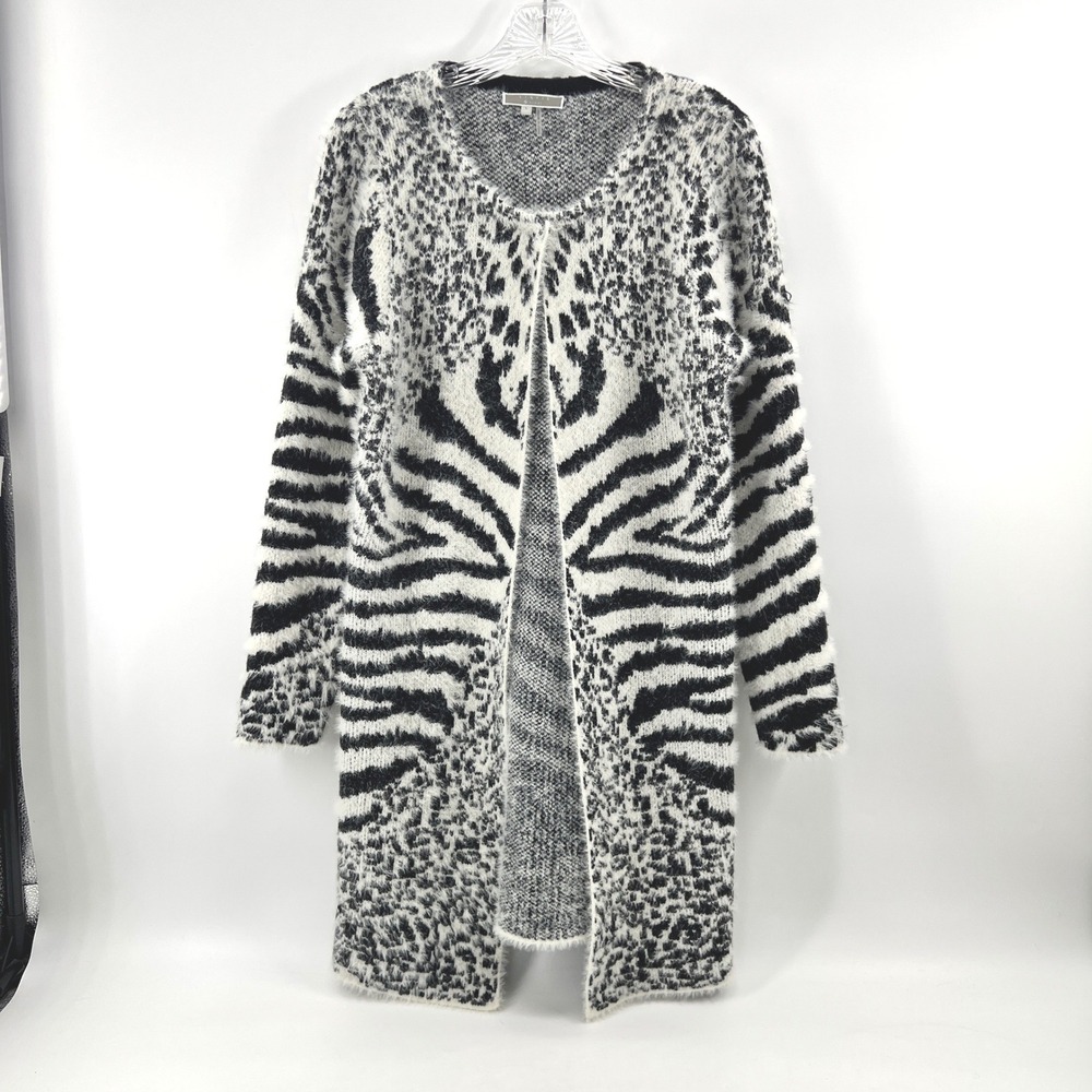 Liquid by Sioni Cardigan Women Sz L Animal Print Eyelash Knit Long Duster Zebra